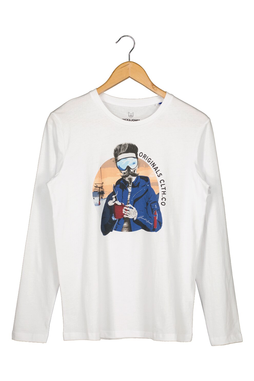 Jack&Jones, Bluza cu decolteu la baza gatului si imprimeu grafic, Alb/Albastru