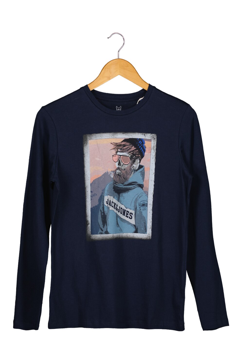 Jack&Jones, Bluza cu decolteu la baza gatului si imprimeu grafic, Bleumarin