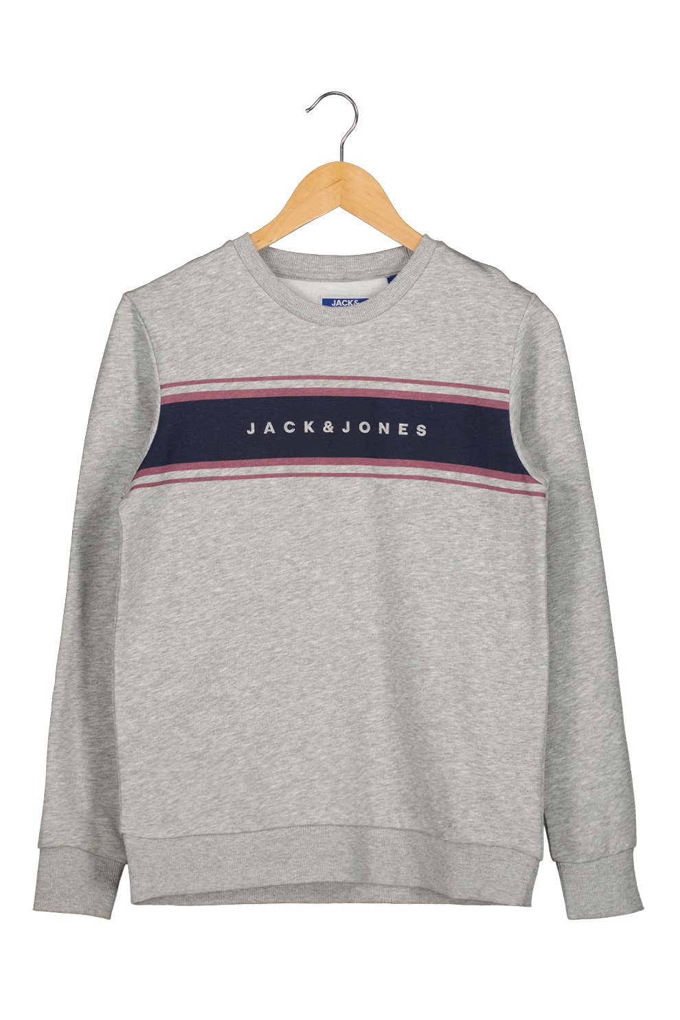 Jack&Jones, Bluza sport cu decolteu la baza gatului si imprimeu logo, Gri deschis melange/Bleumarin