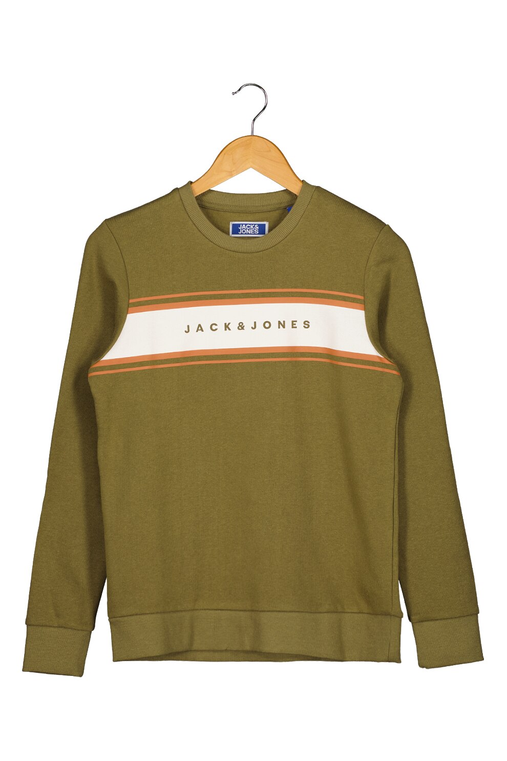 Jack&Jones, Bluza sport cu decolteu la baza gatului si imprimeu logo, Verde oliv/alb/oranj stins
