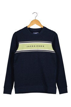 Jack&Jones, Bluza sport cu decolteu la baza gatului si imprimeu logo, Bleumarin/Verde fistic Jack&Jones, Bluza sport cu decolteu la baza gatului si imprimeu logo, Bleumarin/Verde fistic