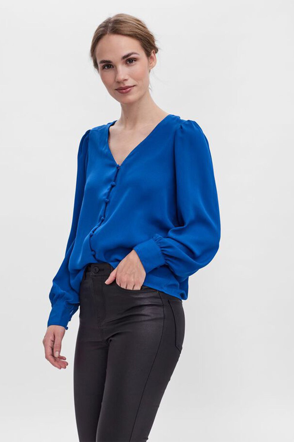 Vero Moda, Bluza cu decolteu in V si maneci lungi, Albastru inchis