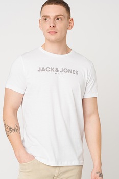 Jack&Jones, Tricou din bumbac cu imprimeu logo, Alb optic