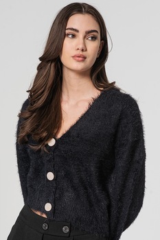 Vero Moda, Cardigan cu aspect pufos si decolteu in V Poilu, Negru Vero Moda, Cardigan cu aspect pufos si decolteu in V Poilu, Negru