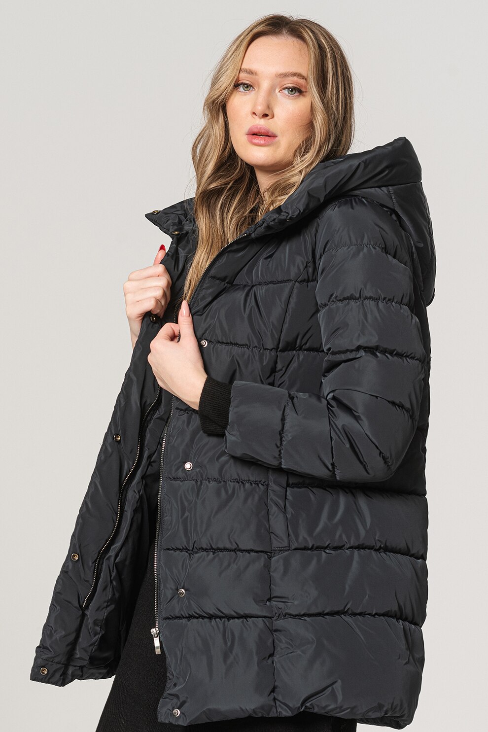 Only, Geaca cu vatelina, gluga si aspect matlasat Lina, Bleumarin inchis, XS