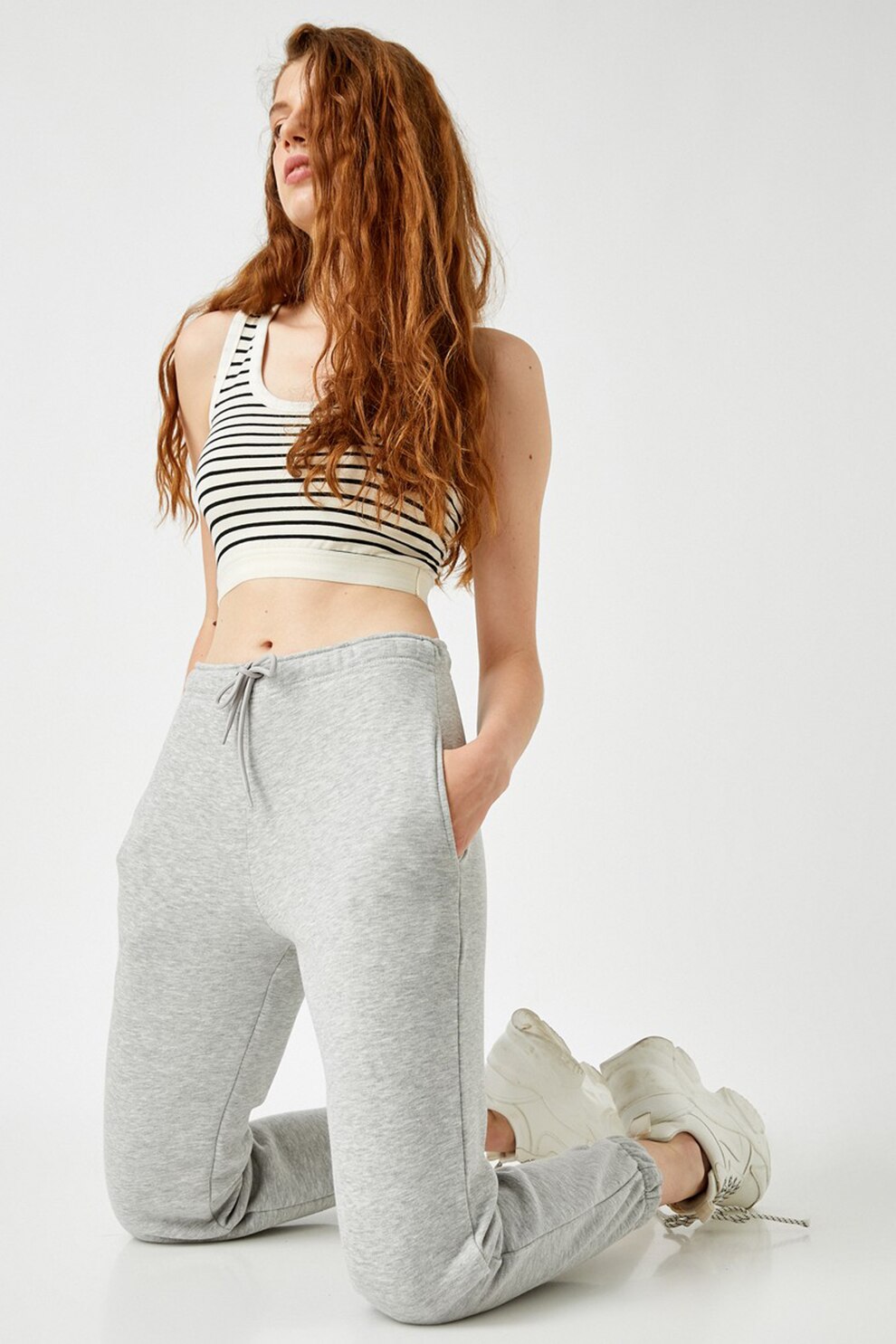 KOTON, Pantaloni sport cu talie inalta, Gri deschis melange