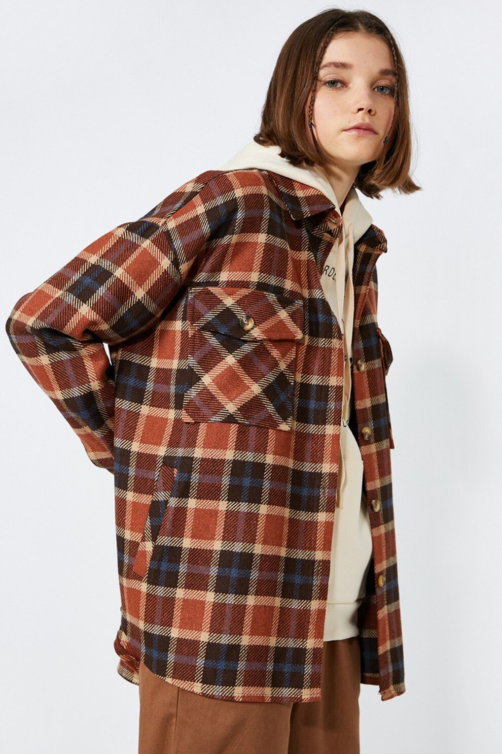 KOTON, Camasa cu model tartan si buzunare aplicate, Maro scortisoara/Bleumarin inchis