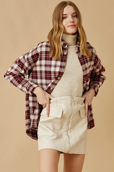 KOTON, Camasa cu model in carouri si maneci cazute, Rosu bordeaux/Crem, L KOTON, Camasa cu model in carouri si maneci cazute, Rosu bordeaux/Crem, L