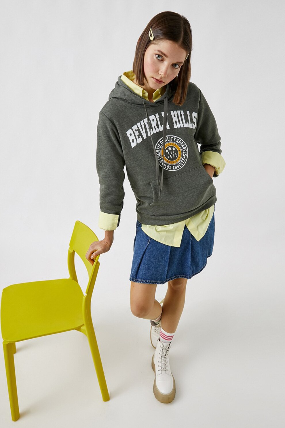 KOTON, Hanorac cu imprimeu Varsity, Verde militar/ Alb