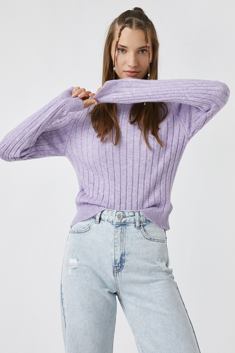 KOTON, Pulover tricotat fin cu aspect striat, Lila