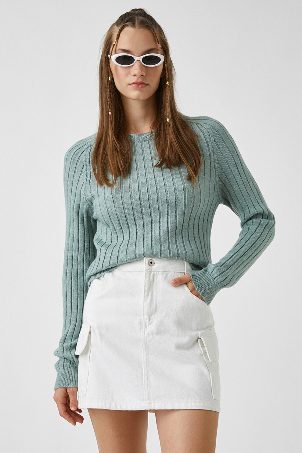 KOTON, Pulover tricotat fin cu aspect striat, Verde persan