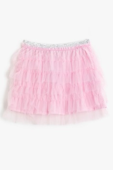 KOTON, Fusta mini cu volane si strat exterior din tul, Roz pastel KOTON, Fusta mini cu volane si strat exterior din tul, Roz pastel