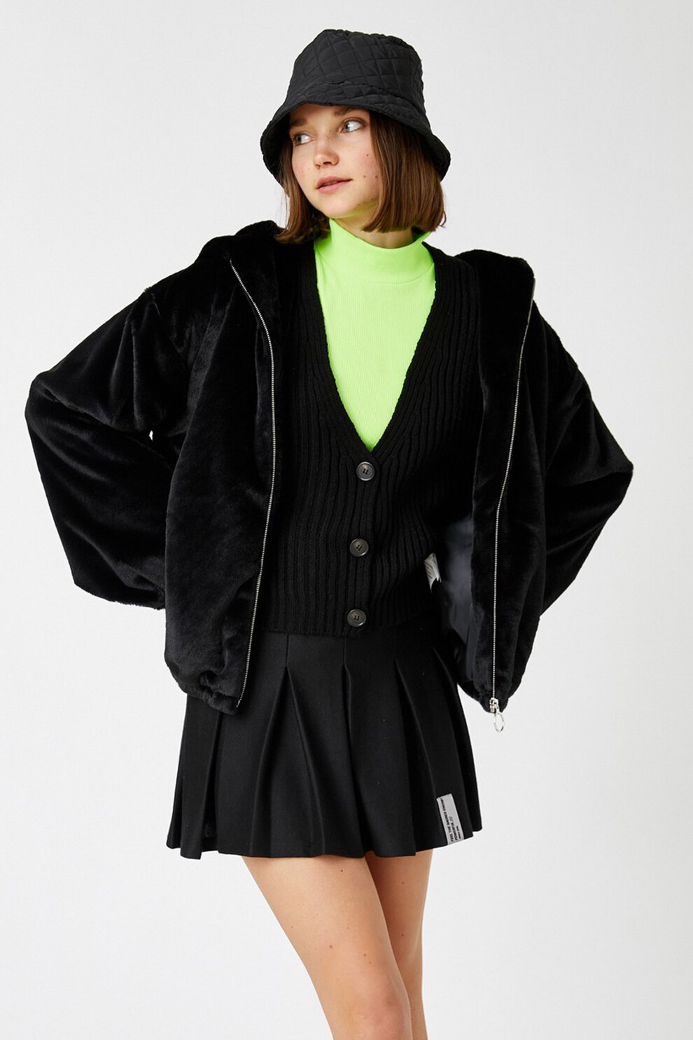 KOTON, Hanorac din blana sintetica cu fermoar, Negru