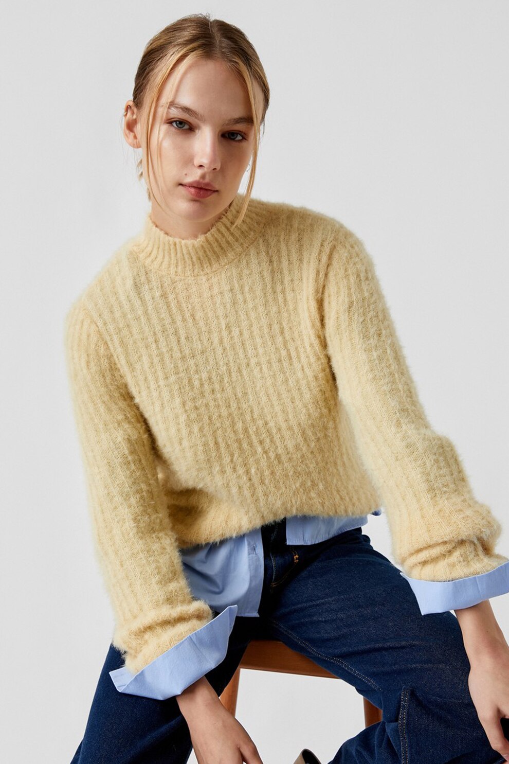 KOTON, Pulover cu striatii si aspect pufos, Galben mustar