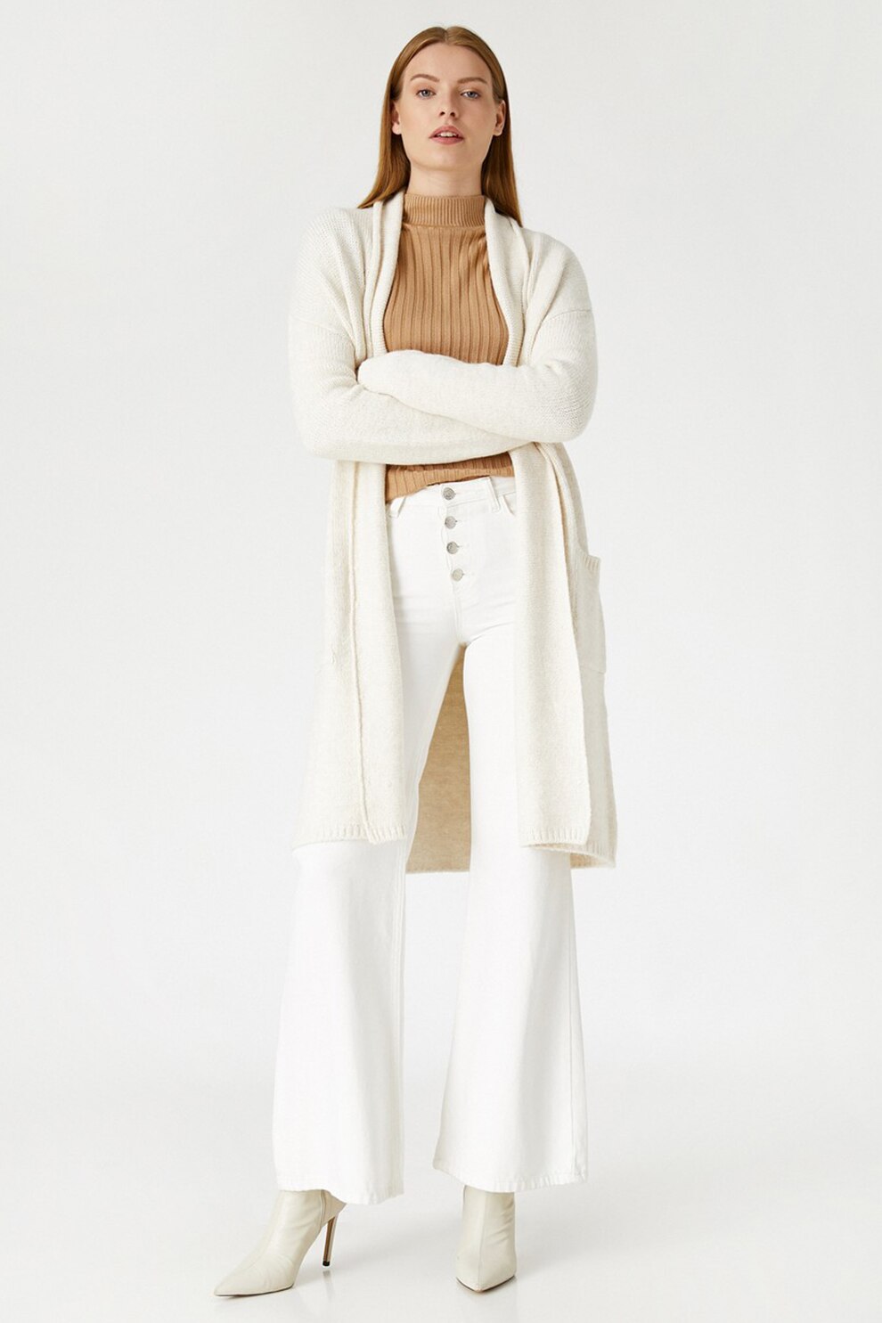 KOTON, Cardigan lung cu maneci cazute, Alb melanj, XL