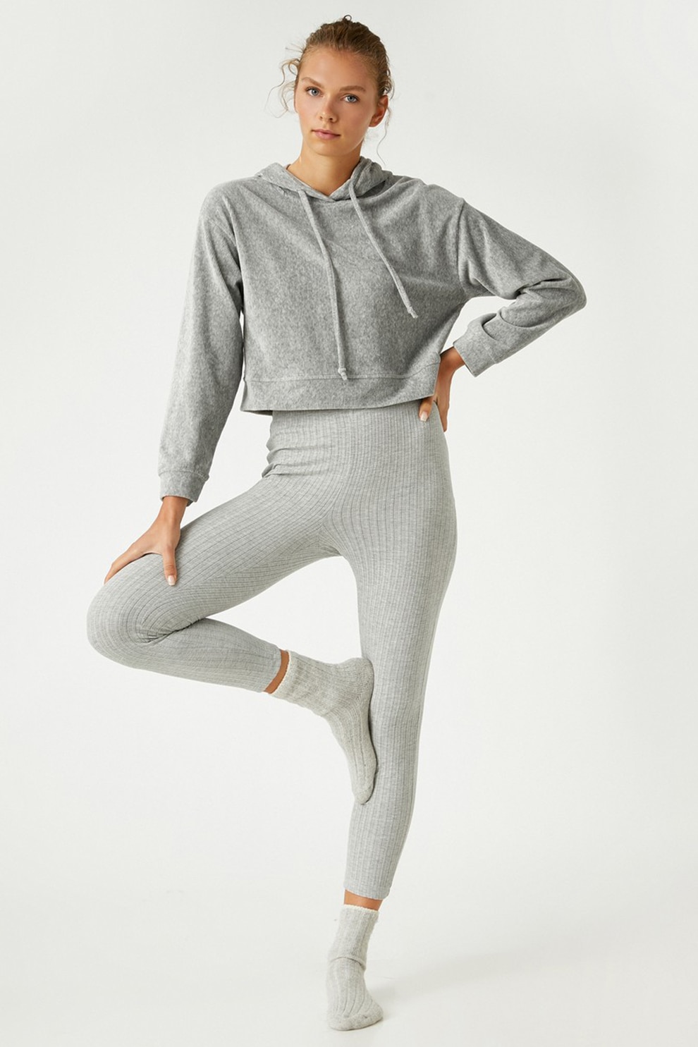 KOTON, Colanti tricotati de pijama cu striatii, Gri deschis melange