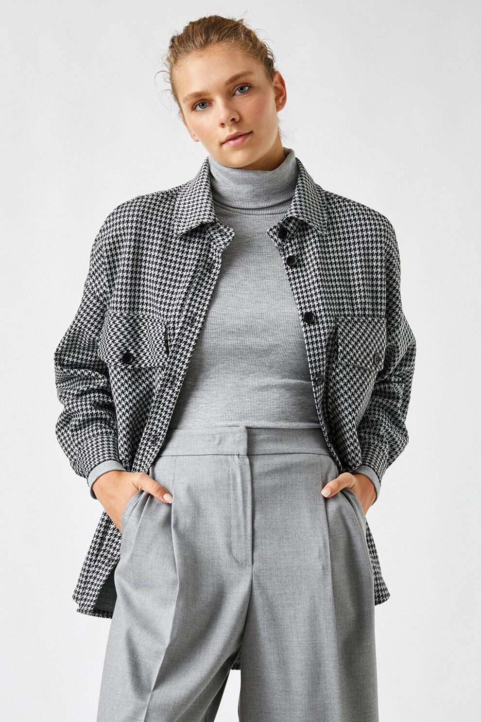 KOTON, Camasa supradimensionata cu buzunare aplicate si imprimeu houndstooth, Negru/Alb