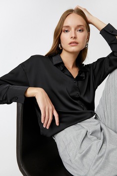 KOTON, Camasa de satin cu maneci cazute, Negru KOTON, Camasa de satin cu maneci cazute, Negru