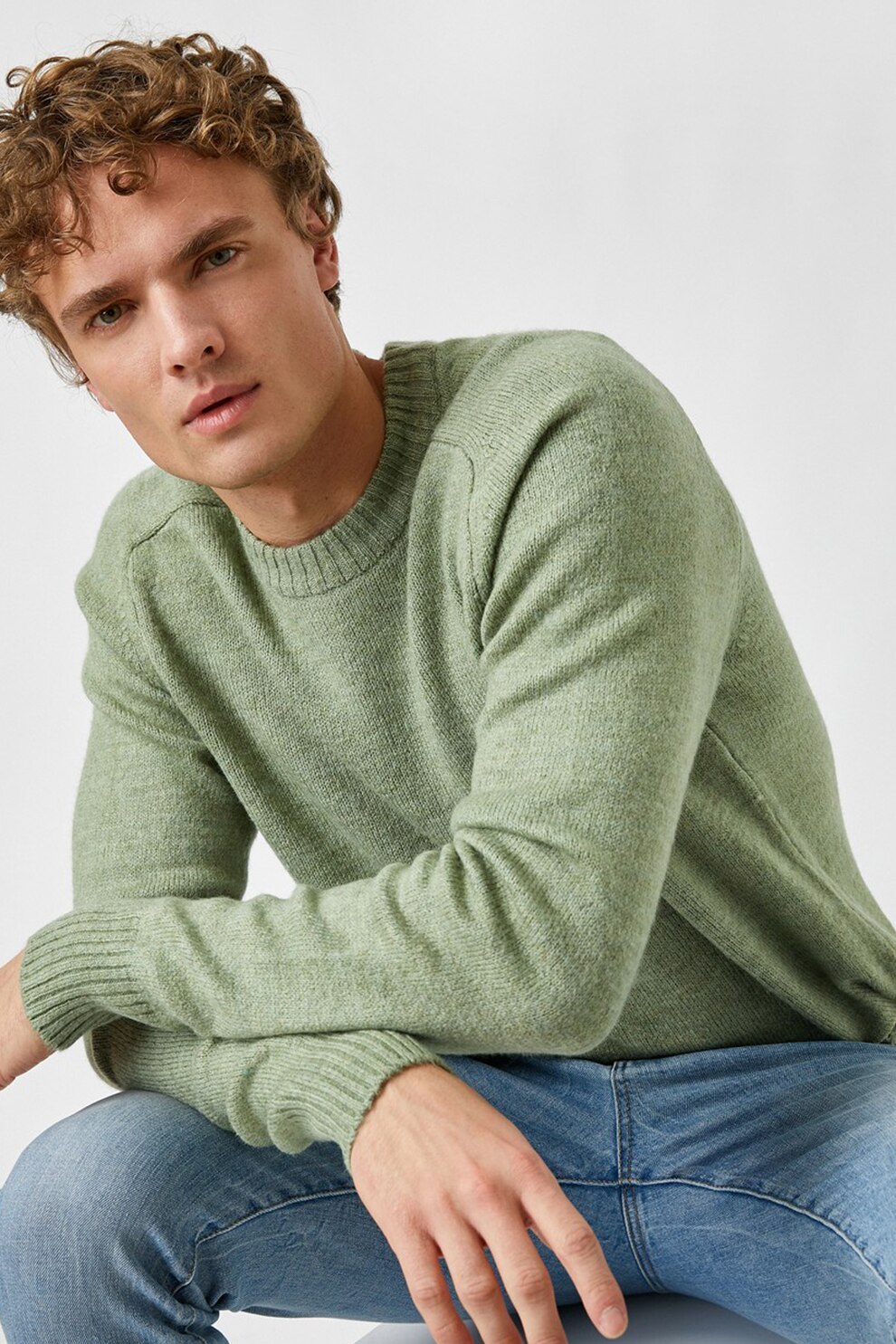 KOTON, Pulover cu decolteu la baza gatului si terminatii striate, Verde melange