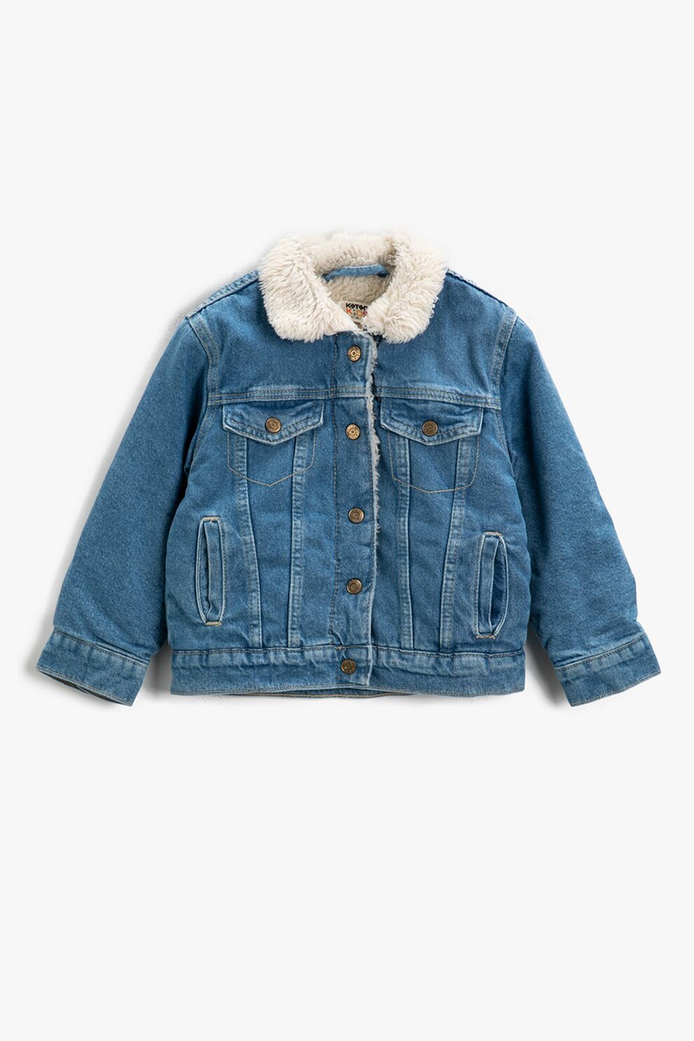 KOTON, Jacheta de denim cu captuseala din material teddy, Albastru inchis, 104-110 CM