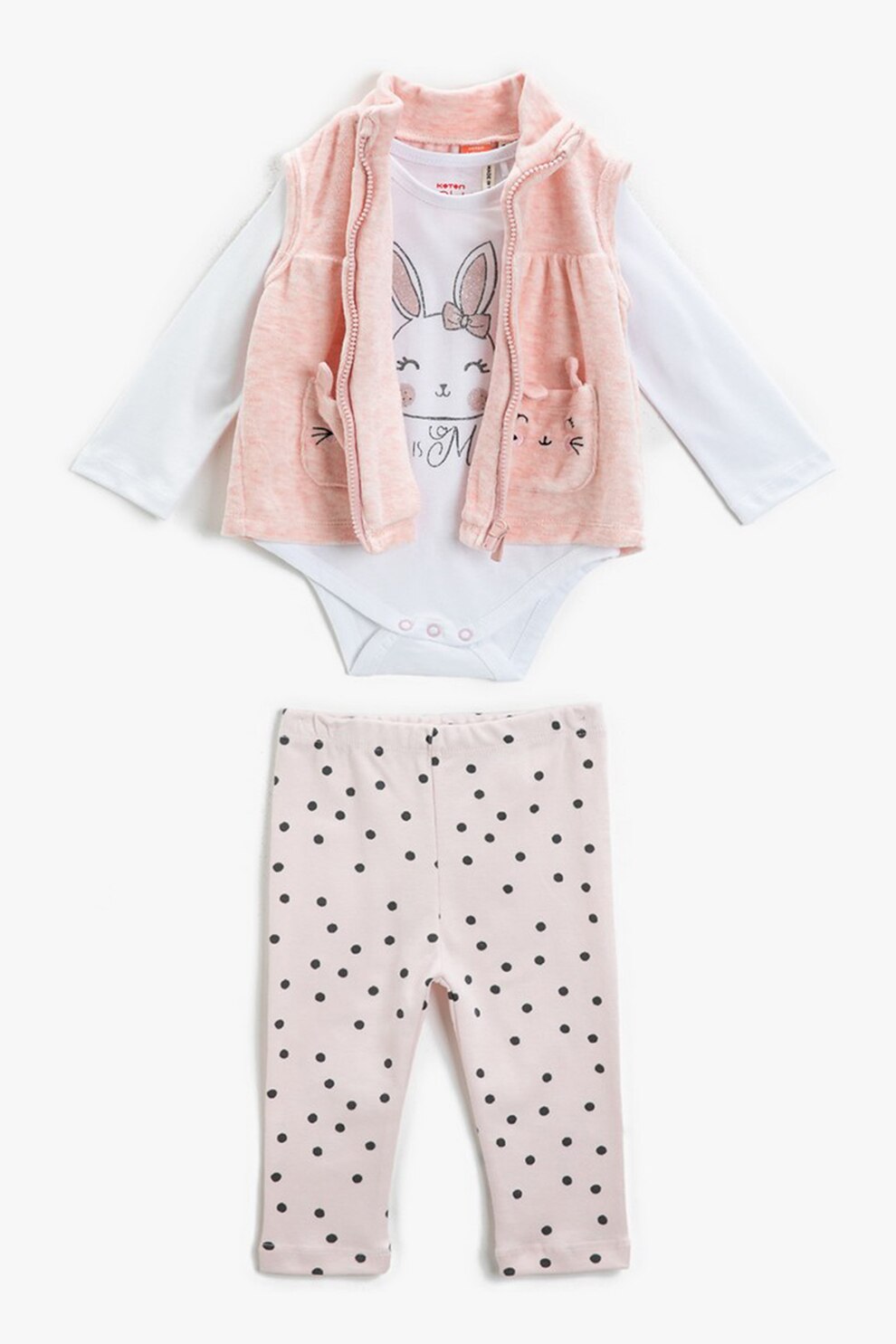 KOTON, Set de body, pantaloni si vesta, Roz/Alb/Negru, 68-74 CM