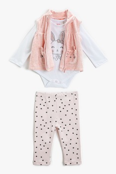 KOTON, Set de body, pantaloni si vesta, Roz/Alb/Negru, 68-74 CM KOTON, Set de body, pantaloni si vesta, Roz/Alb/Negru, 68-74 CM