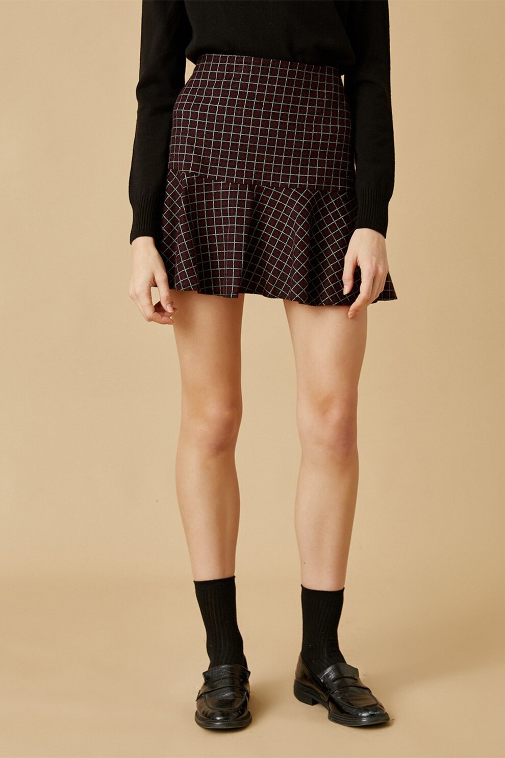 KOTON, Fusta mini cu talie inalta si terminatie evazata, Negru/Maro, XL