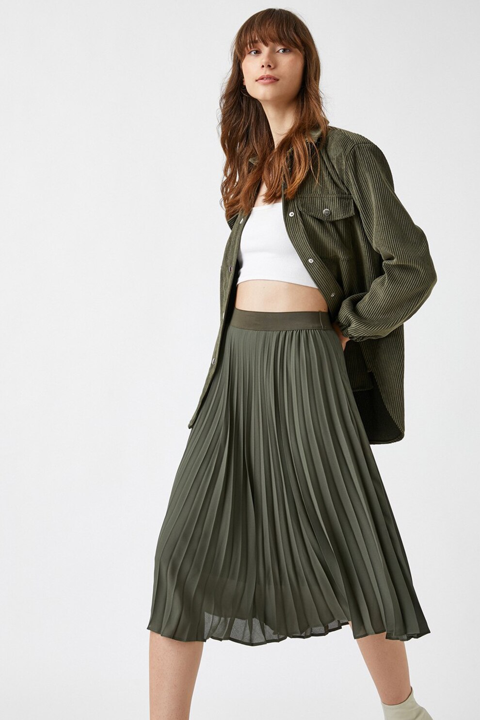 KOTON, Fusta midi cu pliuri, Verde militar, L