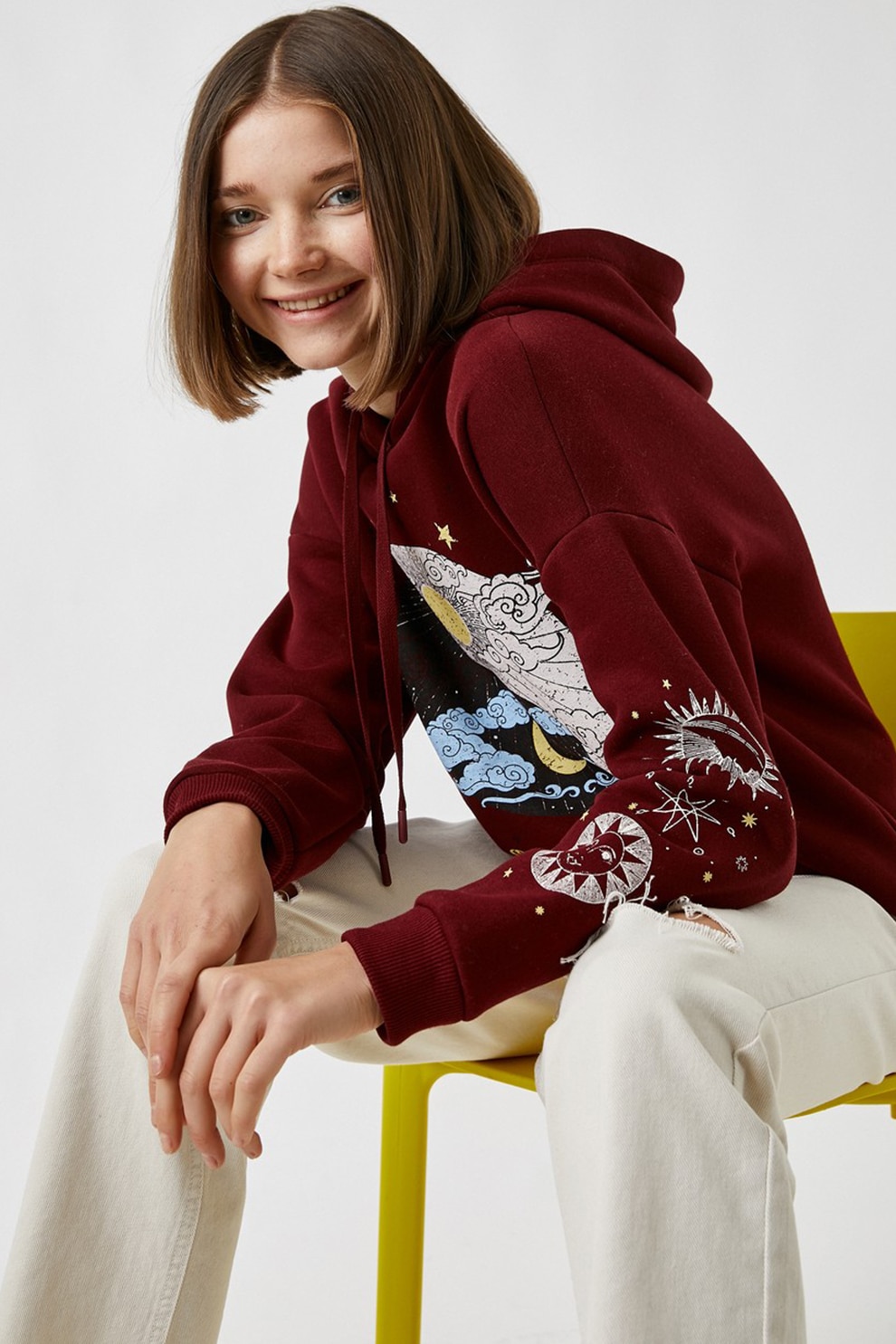 KOTON, Hanorac cu imprimeu grafic, Rosu Bordeaux/Galben/Alb, S