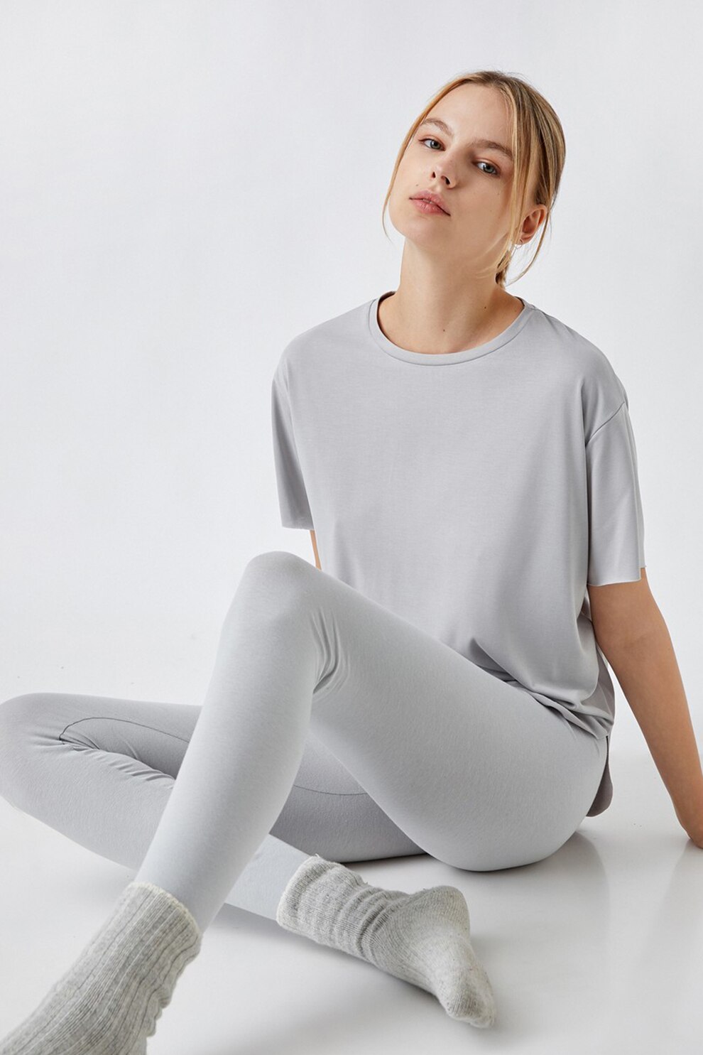 KOTON, Colanti de pijama cu talie inalta, Gri deschis, XL