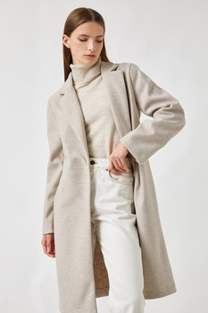 KOTON, Palton cu revere decupate, Maro nisip, 2XL KOTON, Palton cu revere decupate, Maro nisip, 2XL