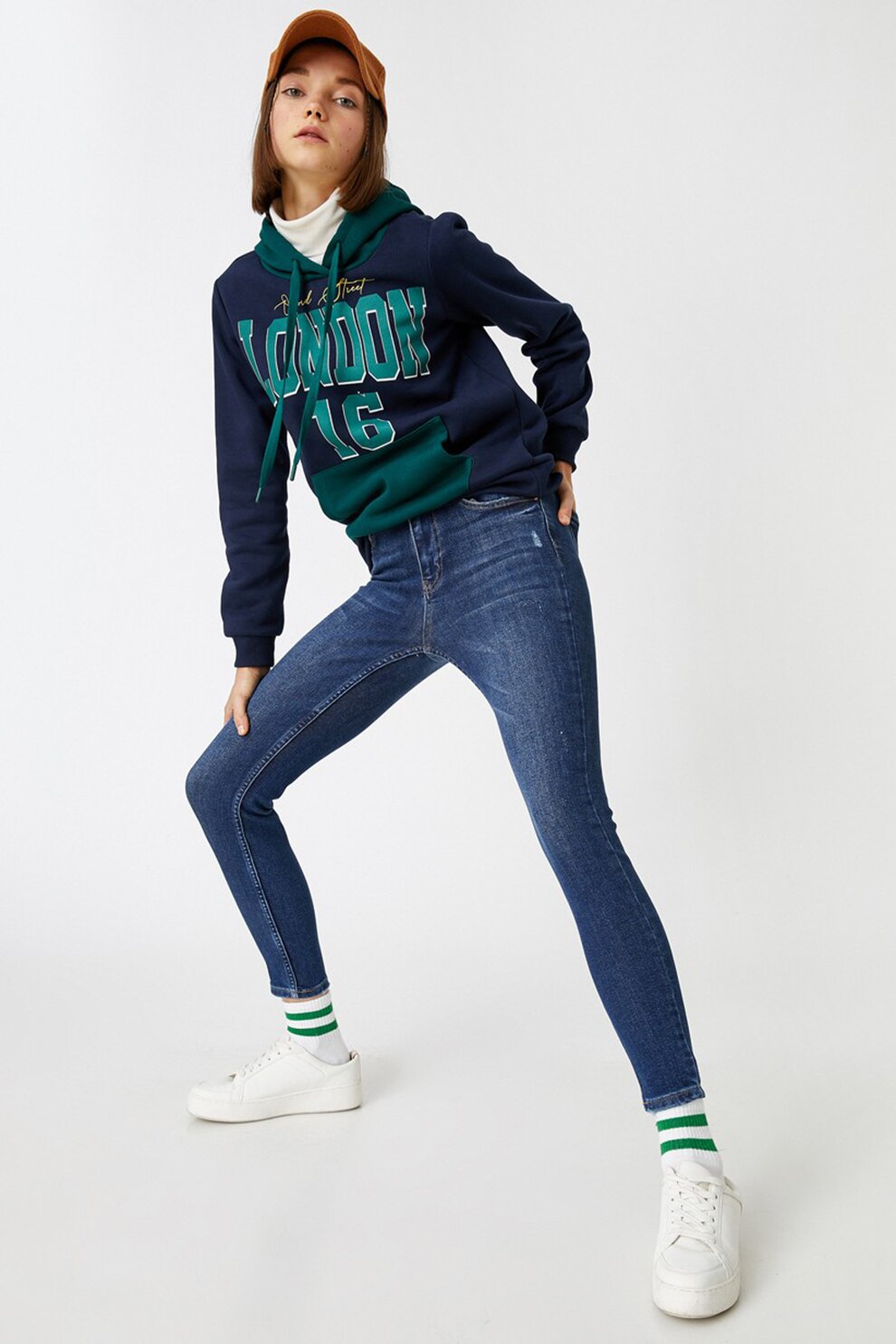 KOTON, Blugi slim fit cu talie inalta, Albastru inchis