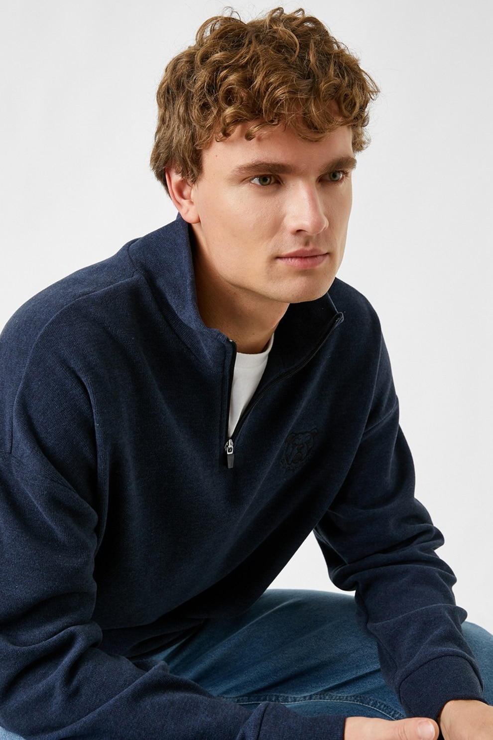 KOTON, Bluza sport cu guler inalt si fenta cu fermoar, Bleumarin, M