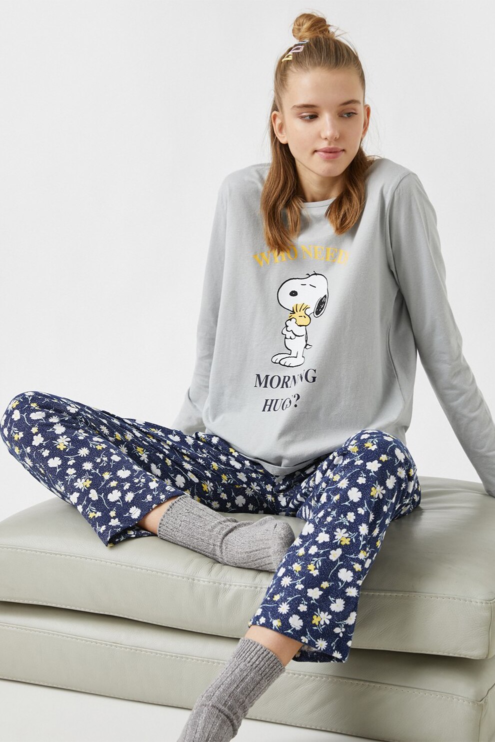 KOTON, Pijama cu imprimeu si snururi de ajustare, Gri/Bleumarin, L