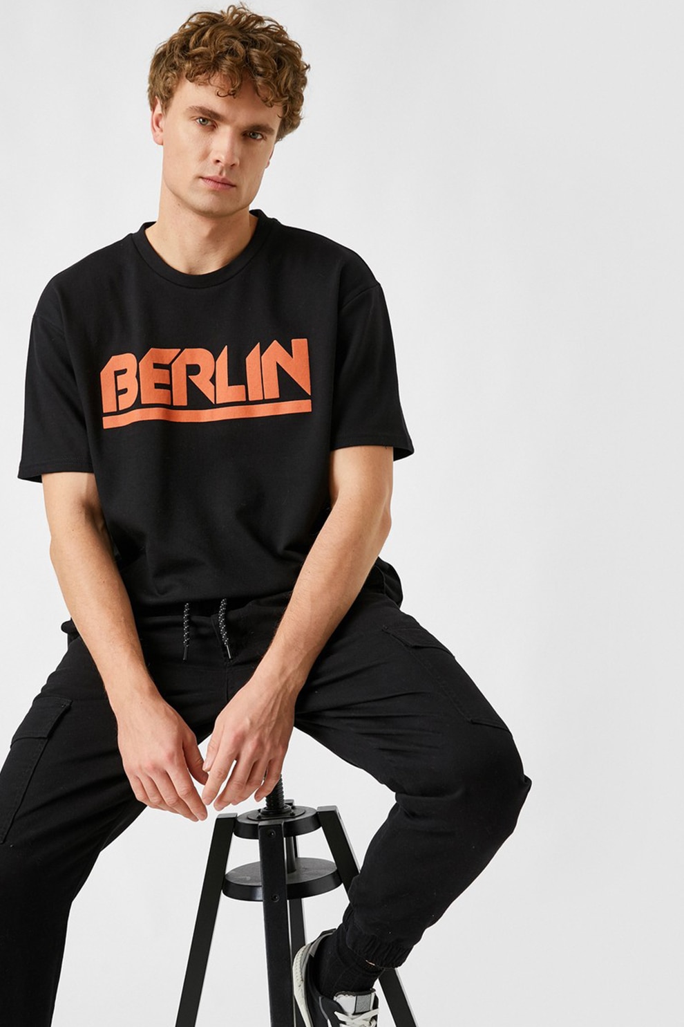 KOTON, Tricou supradimensionat de bumbac cu imprimeu text, Negru/Oranj