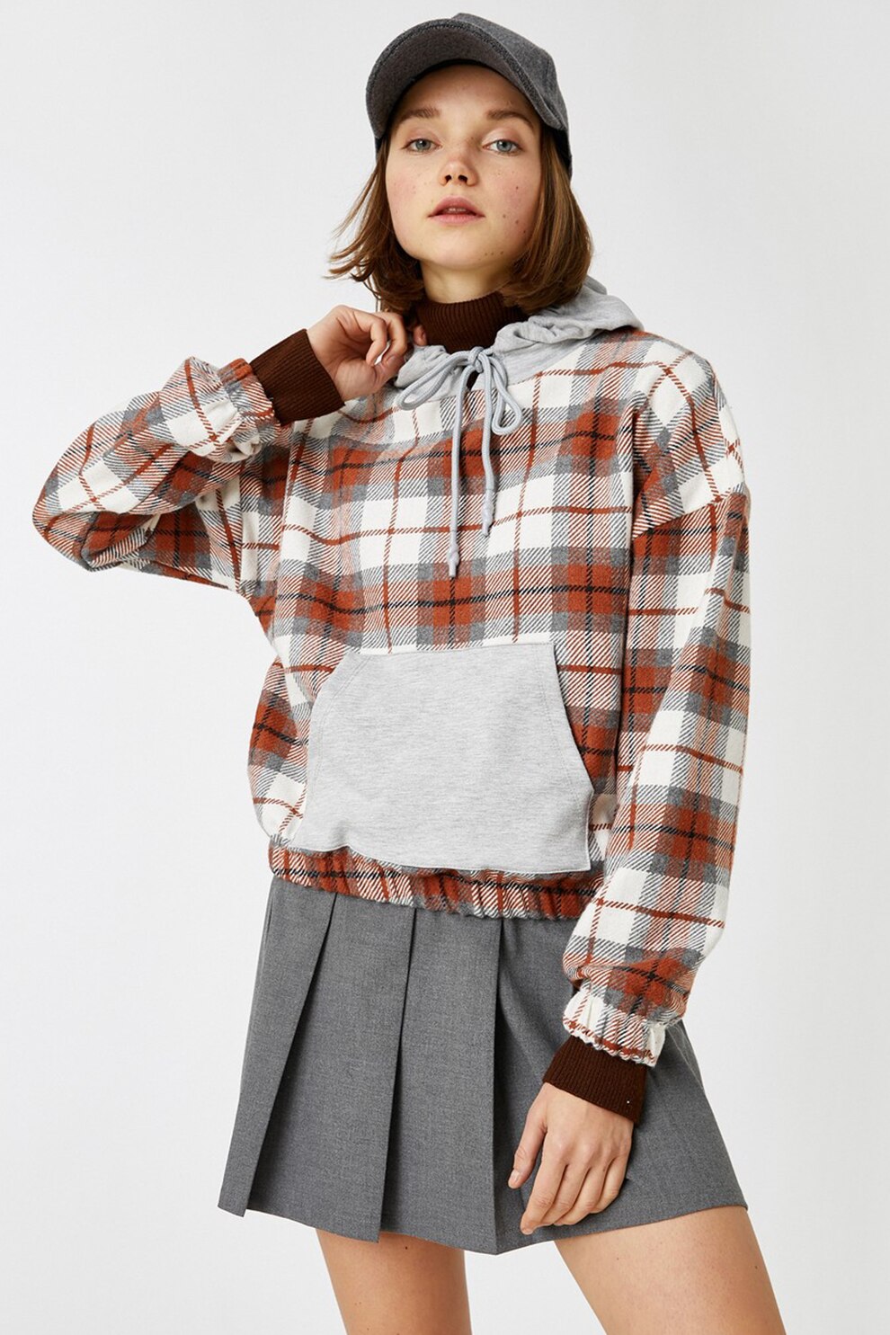 KOTON, Hanorac cu model tartan, Scortisoara/Alb/Gri melange