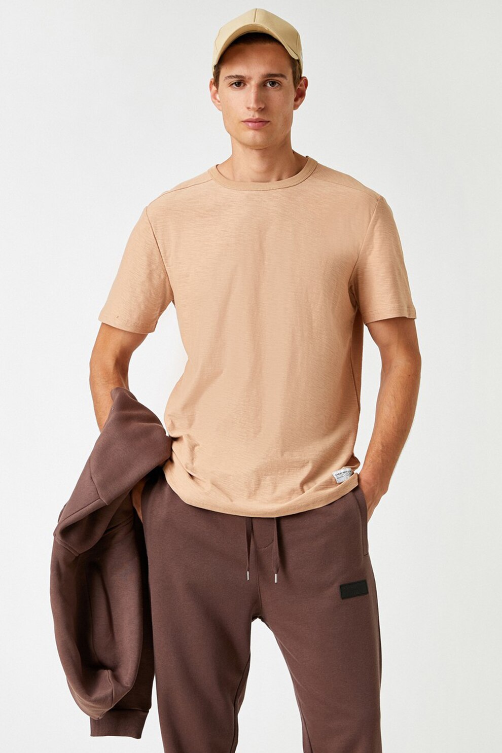 KOTON, Tricou de jerseu cu decolteu la baza gatului, Bej