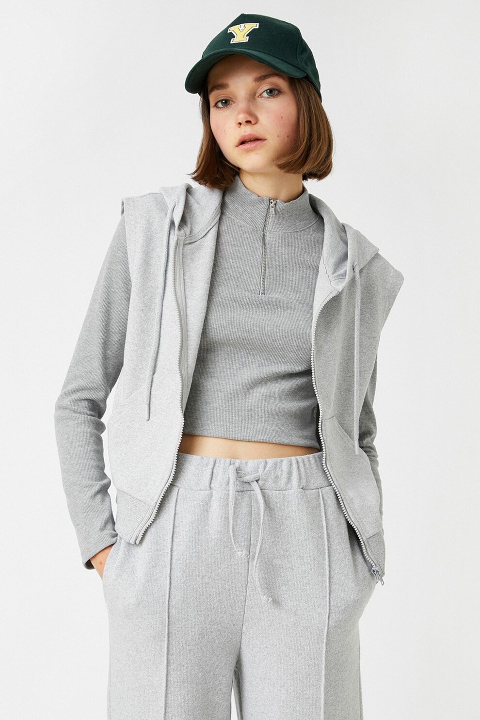 KOTON, Hanorac fara maneci cu fermoar, Gri deschis melange