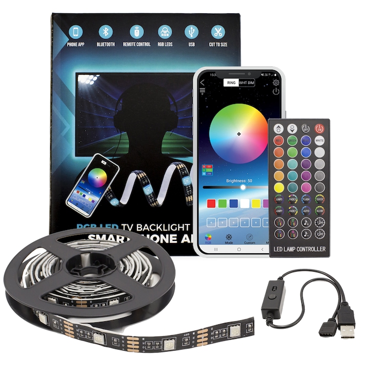 Смарт RGB LED лента Sunshine SLS002, За фоново осветление TV 32”-42”, Bluetooth, Дистанционно, USB, 5V, 2x37 см + 2x70 см