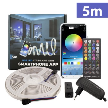 Banda LED RGB inteligenta SunShine SLS004, Bluetooth, telecomanda, 7.2W/m, 420lm/m, IP65, 5m Banda LED RGB inteligenta SunShine SLS004, Bluetooth, telecomanda, 7.2W/m, 420lm/m, IP65, 5m