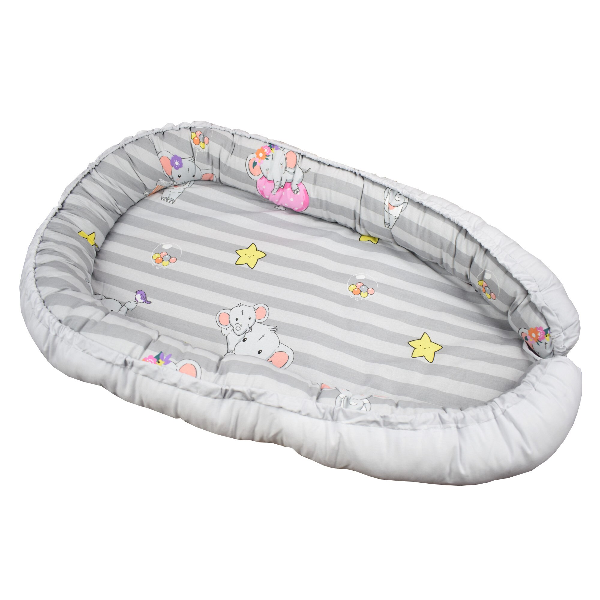 Patut portabil, baby nest, culcus bebe, 0-9 luni, lavabil, elefanti, gri
