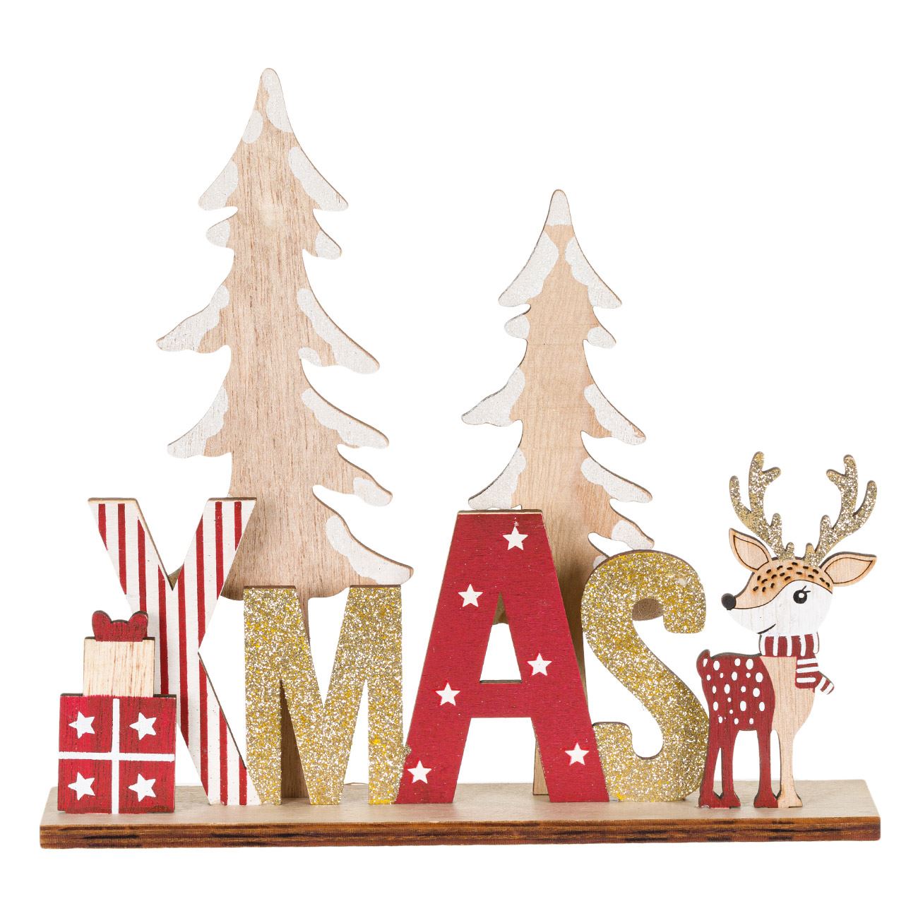 Figurina decorativa, Zola®, din lemn, pentru sarbatori, model cu braduti inzapeziti, Xmas, 24x6x23 cm