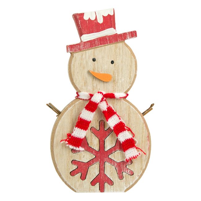Figurina decorativa, Zola®, din lemn, pentru sarbatori, model Om de zapada, cu fulg, 20x11x2 cm
