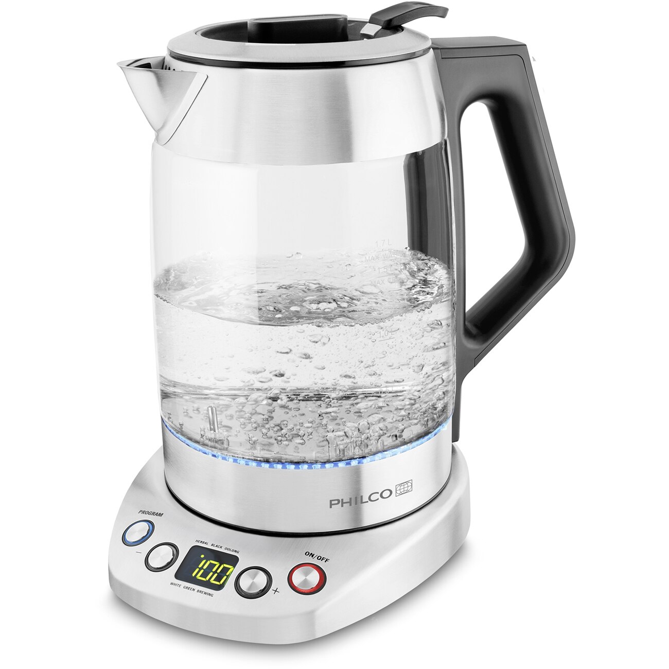 Fierbator Philco PHWK 2050, 3000 W, 1.7 l, 5 programe presetate, inox / sticla