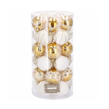 Set globuri Craciun, pentru brad, din plastic, 6 modele, 5cm, 30 buc, auriu/alb Set globuri Craciun, pentru brad, din plastic, 6 modele, 5cm, 30 buc, auriu/alb