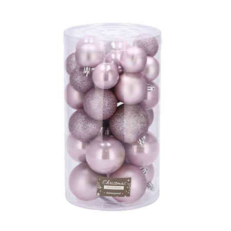 Set 30 Globuri de Craciun pentru Brad cu agatatori, din Plastic, diametru 4/5/6 cm, rose