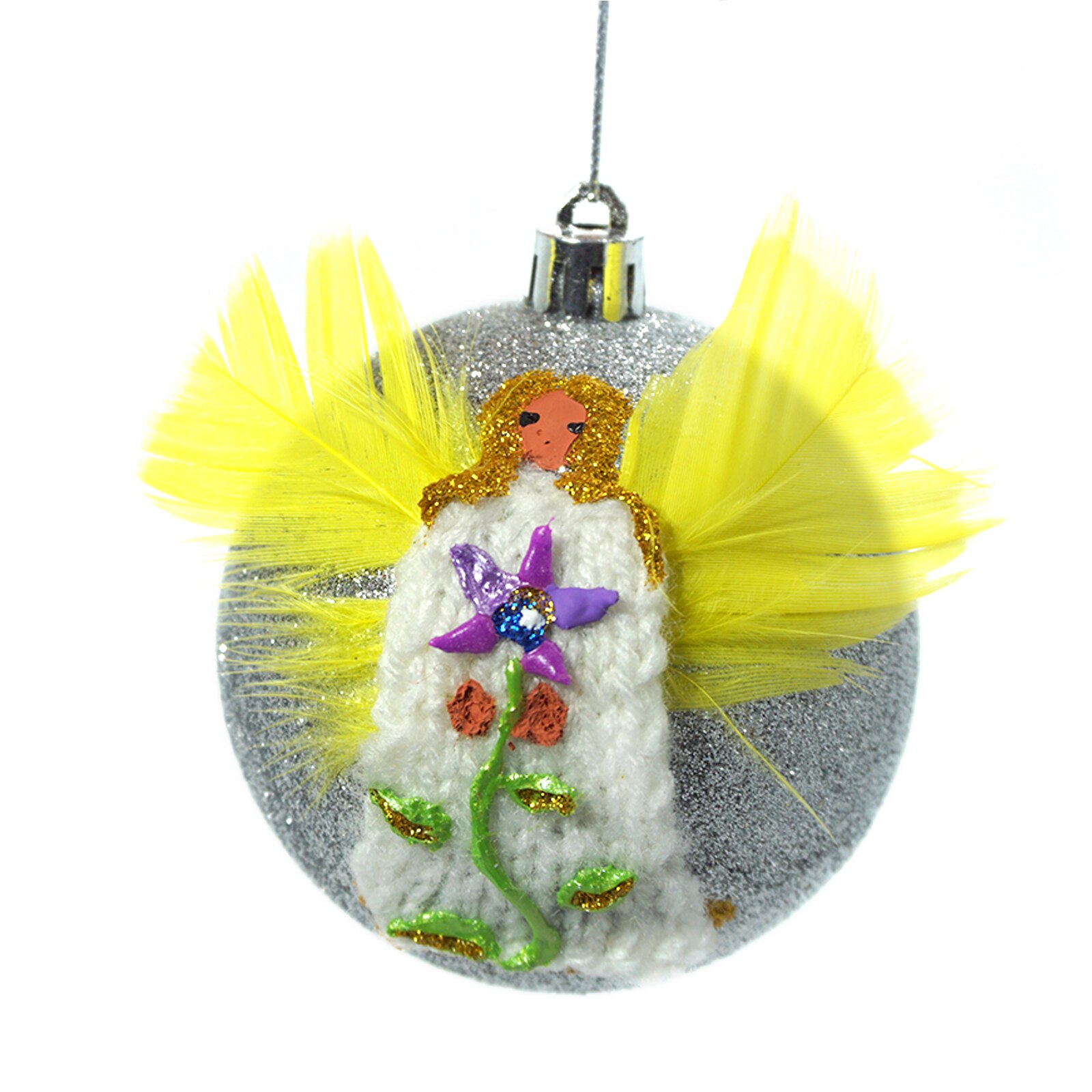 Glob de craciun, handmade Romania, Regalo - Inger cu floare mov, 8 cm