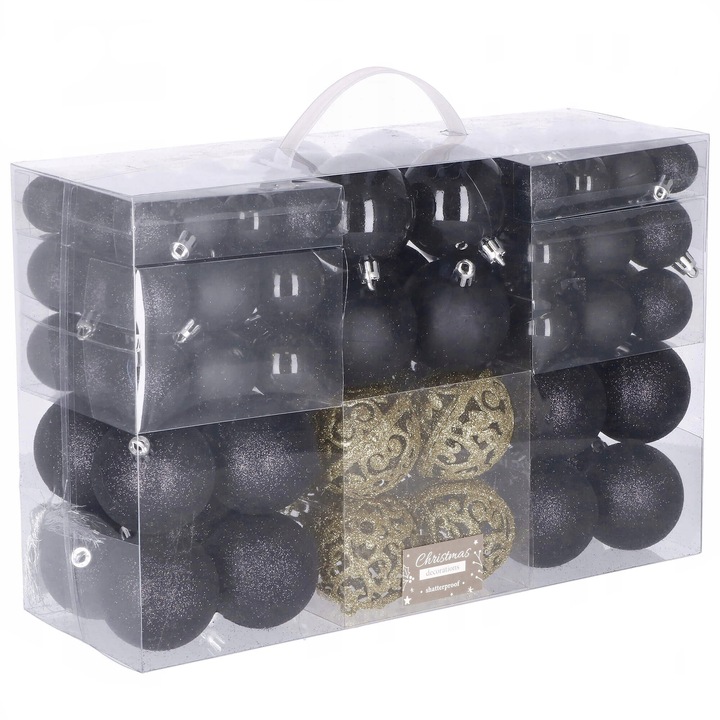 Set globuri de Craciun, 100 bucati, 3-6cm, negru auriu+
