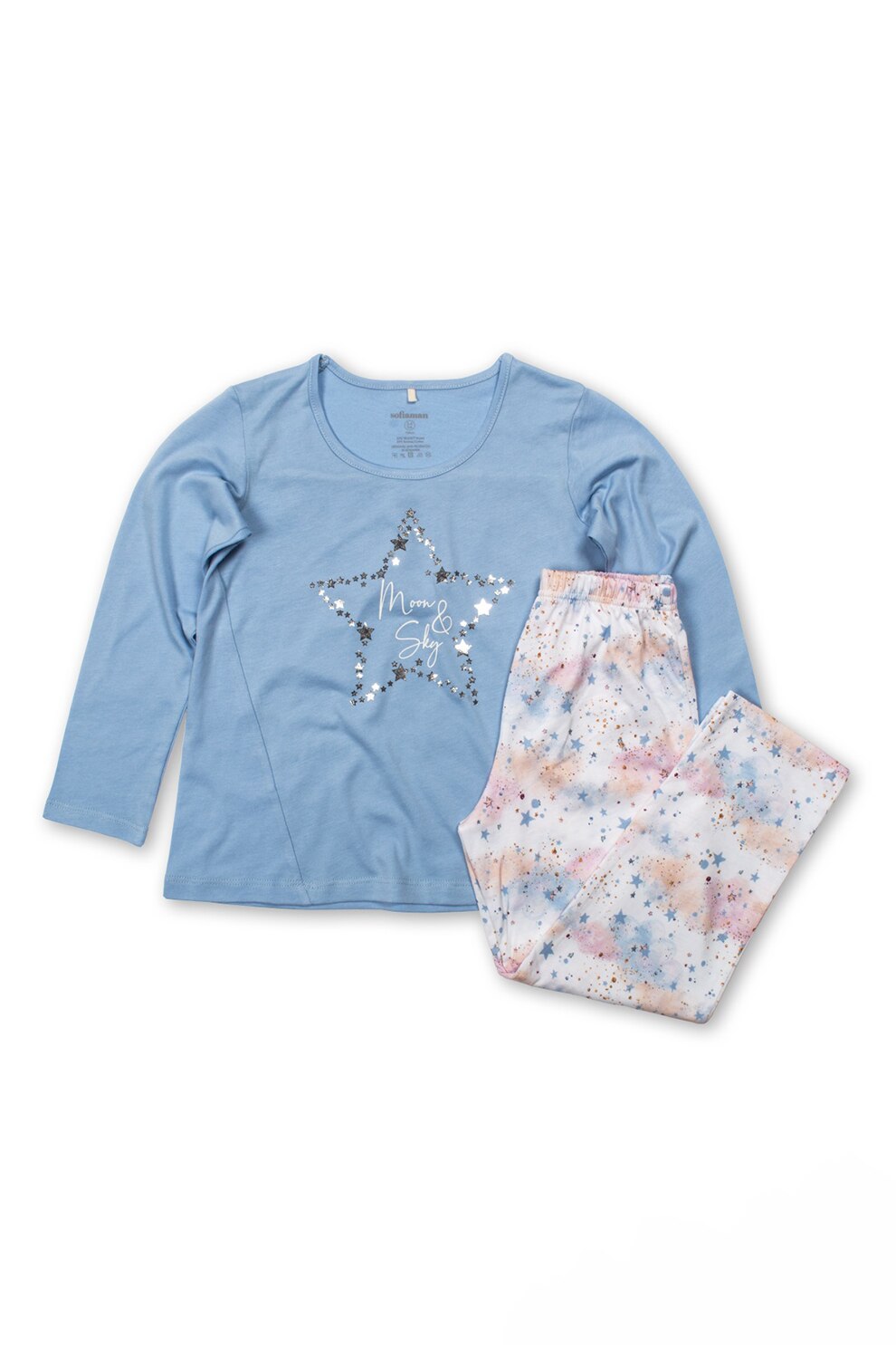 Sofiaman, Pijama din amestec de bumbac cu imprimeu Moonsky, Albastru/Roz