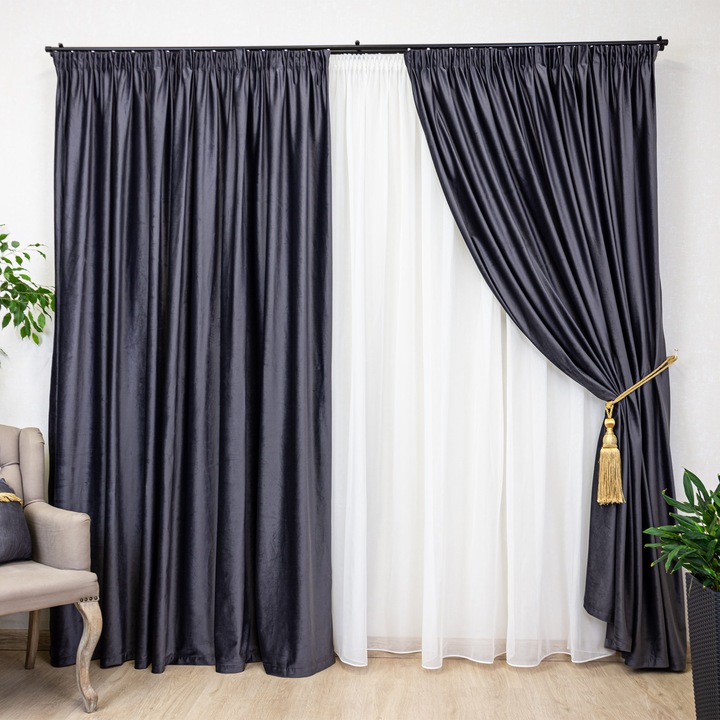 Set 2 draperii Hiko Comfy, catifea Gri Antracit 300Lx245H cm, draperii Blackout 90%, pentru living, dormitor, balcon sau hotel, izolare termica si fonica, decor modern, montaj usor, rejansa creion 6.5cm
